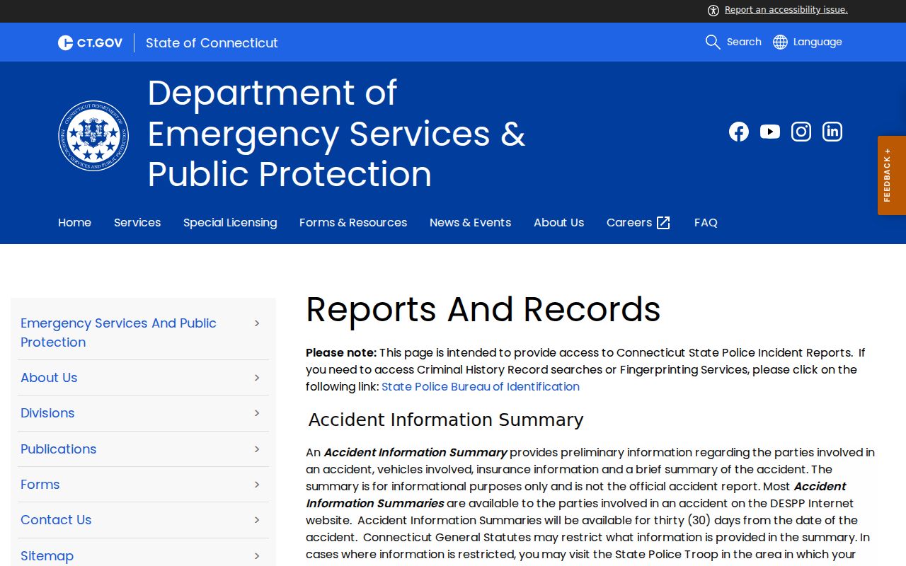 Connecticut State Police reports and records choices