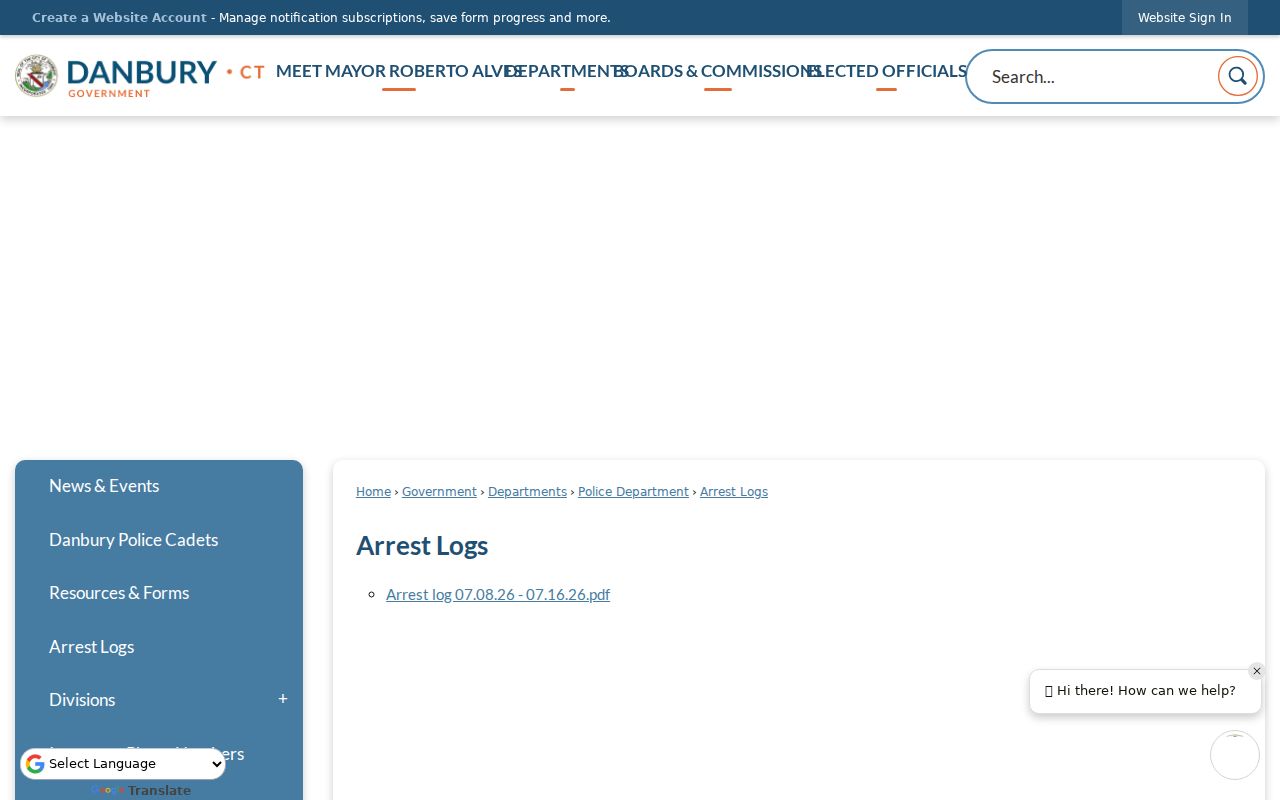 Official Danbury weekly arrest log index