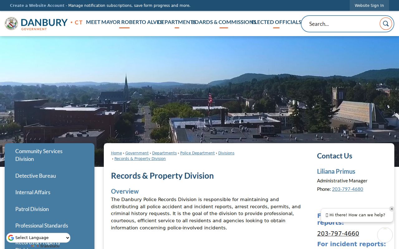 Danbury Police Records and Property Division contacts