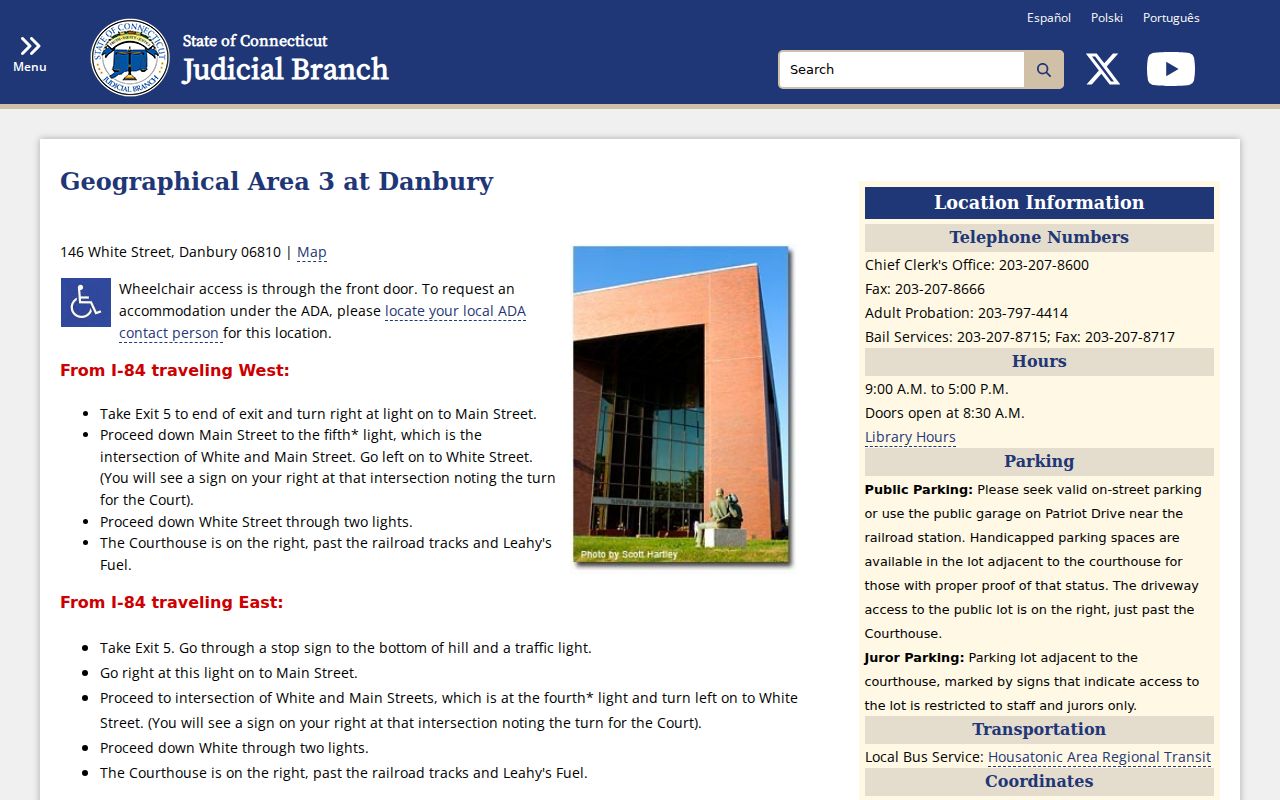 Danbury criminal records Superior Court contact page