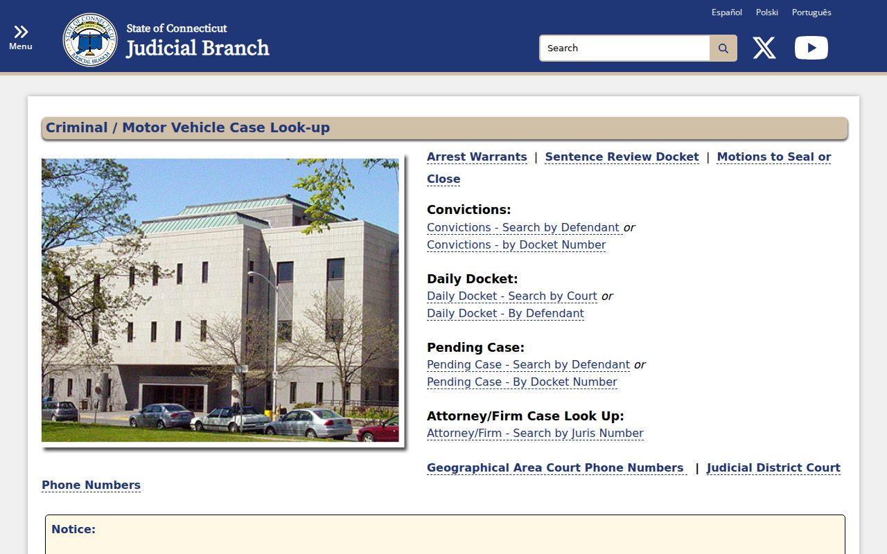 Connecticut criminal case lookup menu