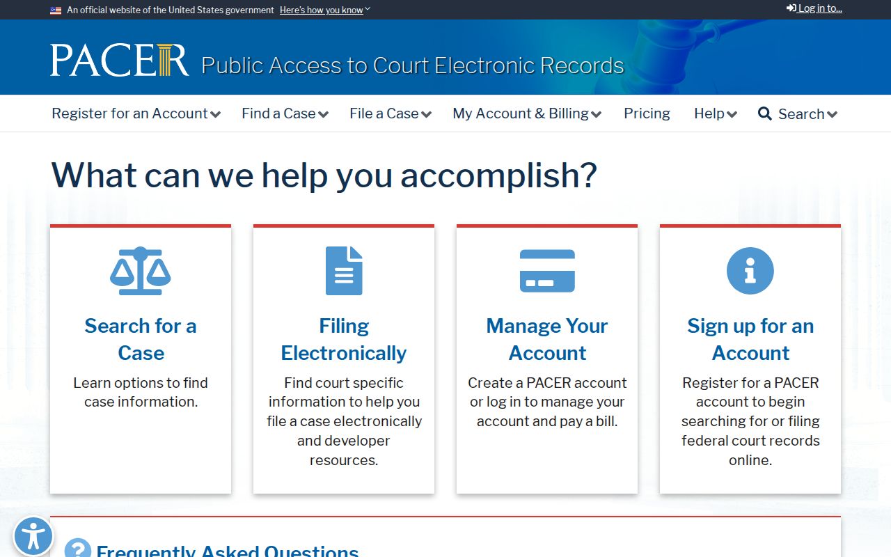 Official PACER federal case record homepage